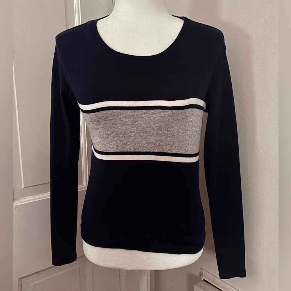 John Galt Navy and Gray Striped Long Sleeve Top, Size Small